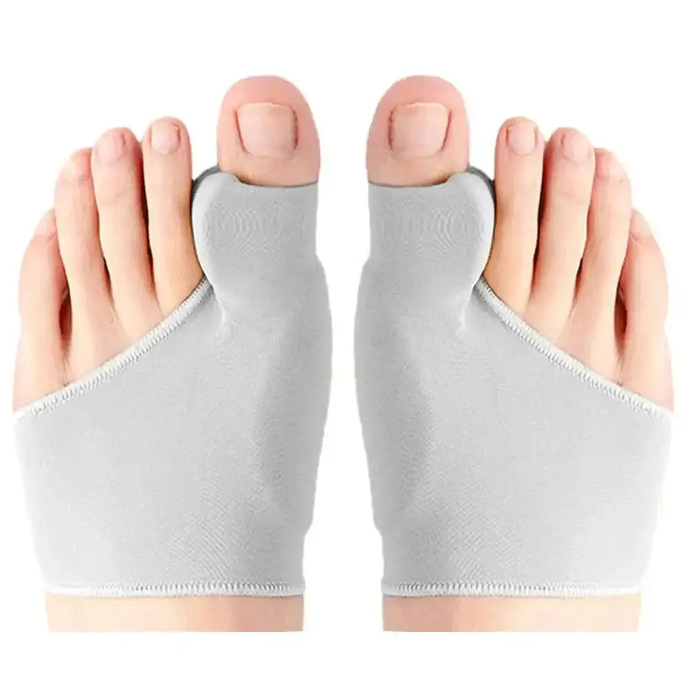 Pair of toe separators designed for bunion correction and foot pain relief in gray fabric.