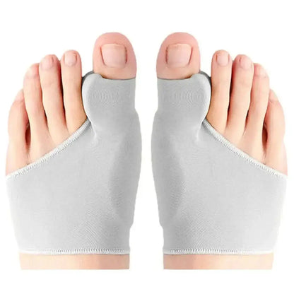 Pair of toe separators designed for bunion correction and foot pain relief in gray fabric.