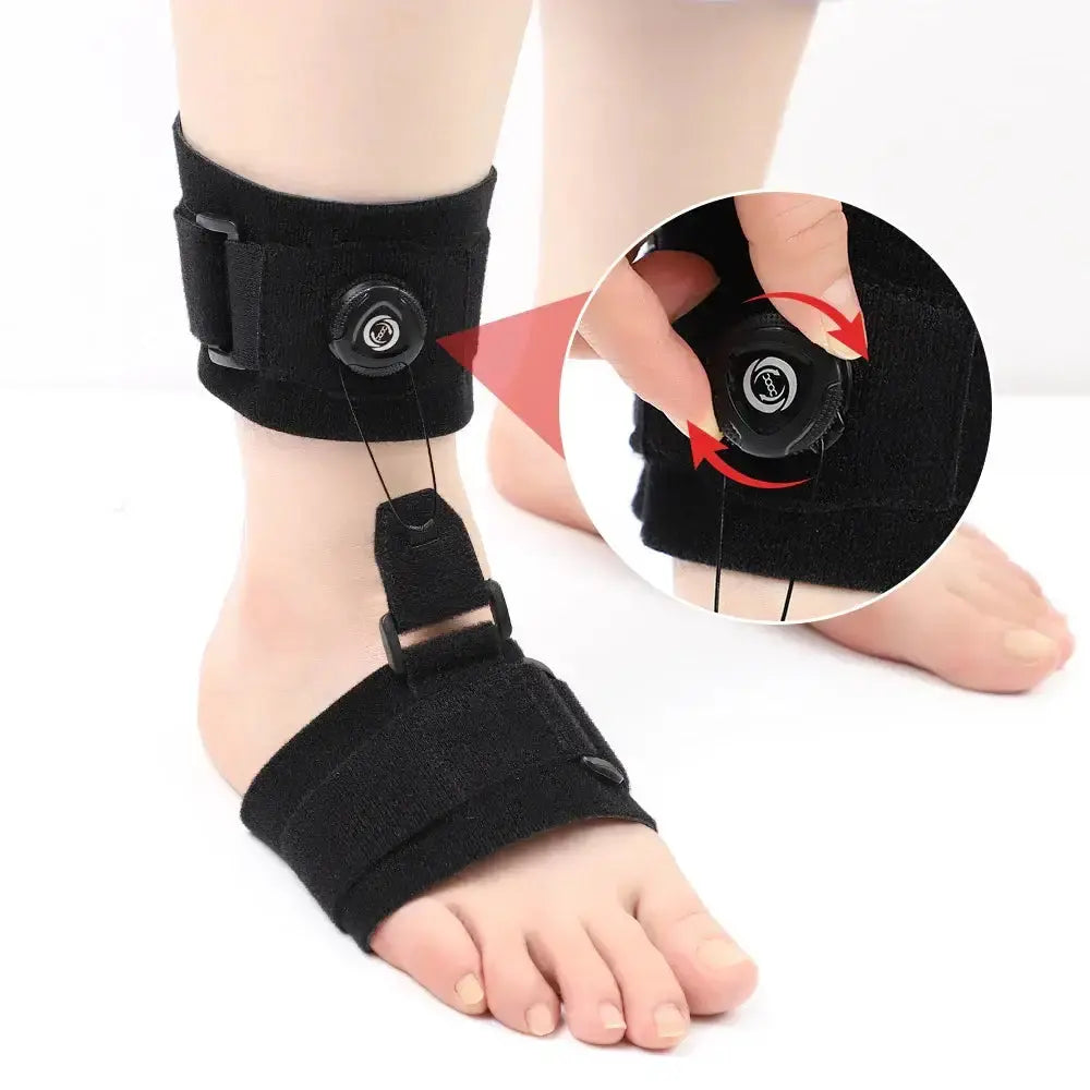 Adjustable plantar fasciitis foot splint with swivel button for personalized fit and comfort.