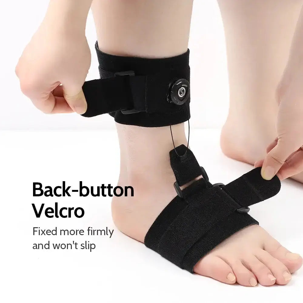 Adjustable back-button Velcro foot brace for stabilized support and comfort during plantar fasciitis recovery.
