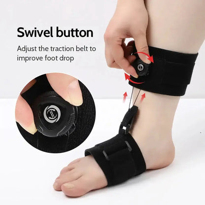 Close-up of adjustable swivel button on foot orthotic brace for improving foot drop.
