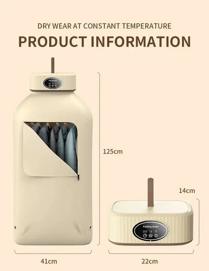 Product dimensions and information for the 600W portable electric clothes dryer, featuring constant temperature drying.