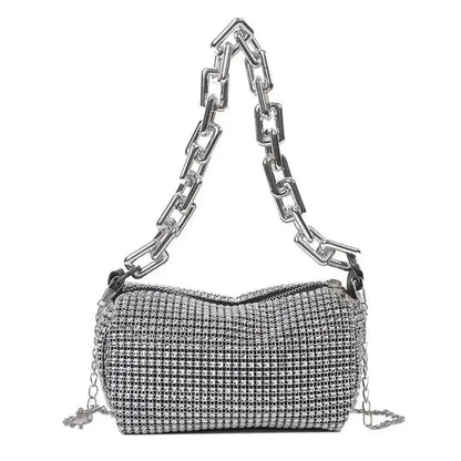 Allover rhinestone bucket bag with glitter chain, perfect for women&