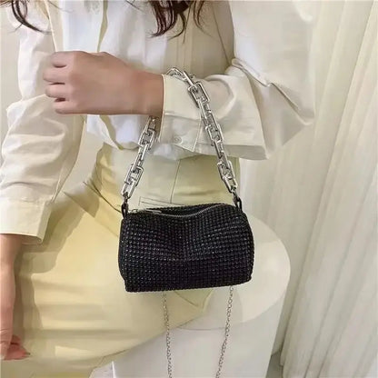 Stylish allover rhinestone bucket bag with glitter chain, perfect for women&