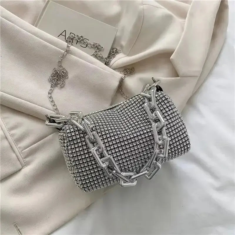 Allover rhinestone bucket bag with a glitter chain, ideal mini crossbody purse for women