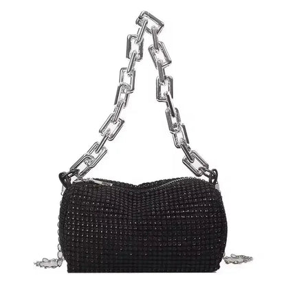 Allover rhinestone bucket bag with glitter chain, stylish women&