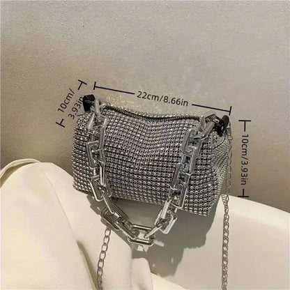 Allover rhinestone bucket bag with glitter chain detail, dimensions 22cm x 10cm, stylish women&