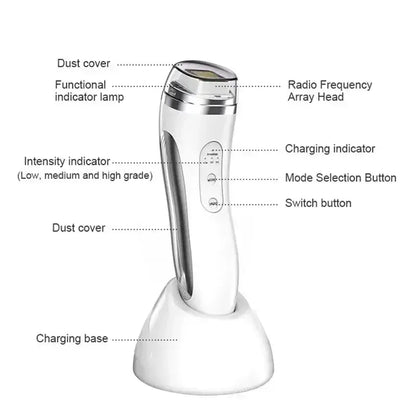 Radio Frequency Face Lifting Device with charging base and functional indicators for skin rejuvenation and wrinkle removal.