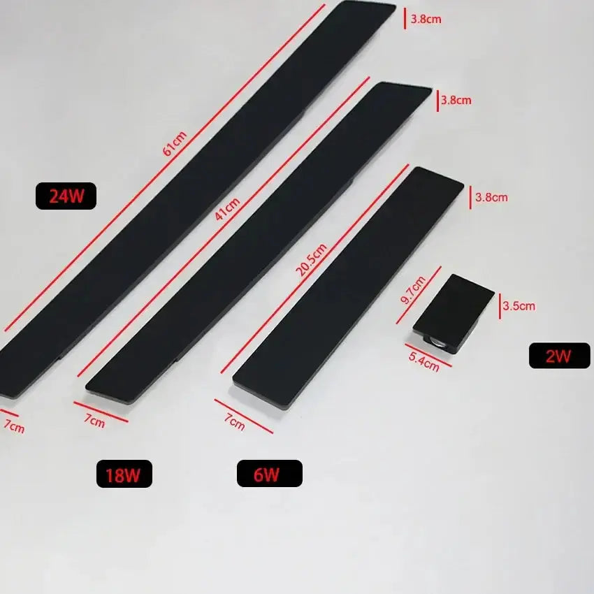 Set of four LED light fixtures in varying lengths and wattages, including 2W, 6W, 18W, and 24W, on a white background.