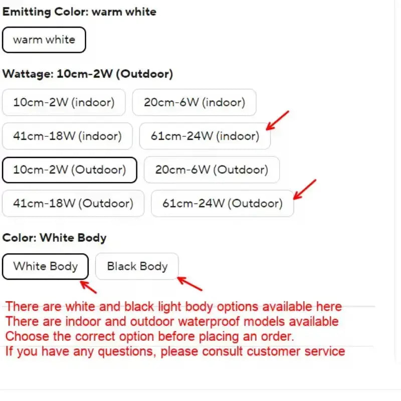 Options for light body color and wattage with notes on indoor/outdoor usage and waterproof models.