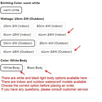 Options for light body color and wattage with notes on indoor/outdoor usage and waterproof models.