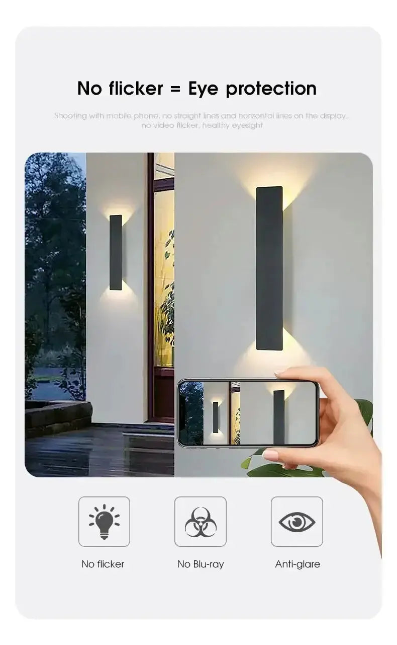 Modern outdoor LED wall lamp demonstrating no flicker feature for eye protection.