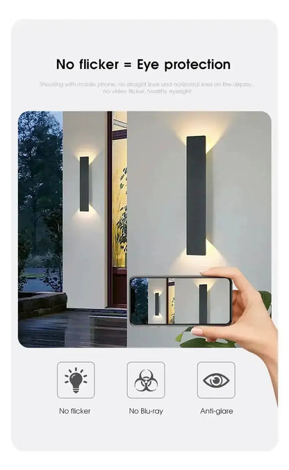 Modern outdoor LED wall lamp demonstrating no flicker feature for eye protection.