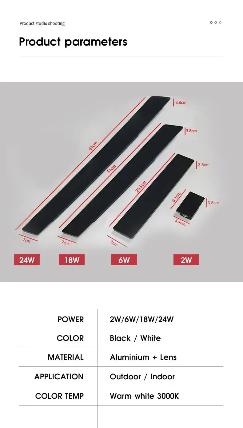 Dimensions and specifications of 2W, 6W, 18W, and 24W LED aluminum wall fixtures in black and white.
