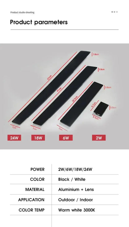 Dimensions and specifications of 2W, 6W, 18W, and 24W LED aluminum wall fixtures in black and white.