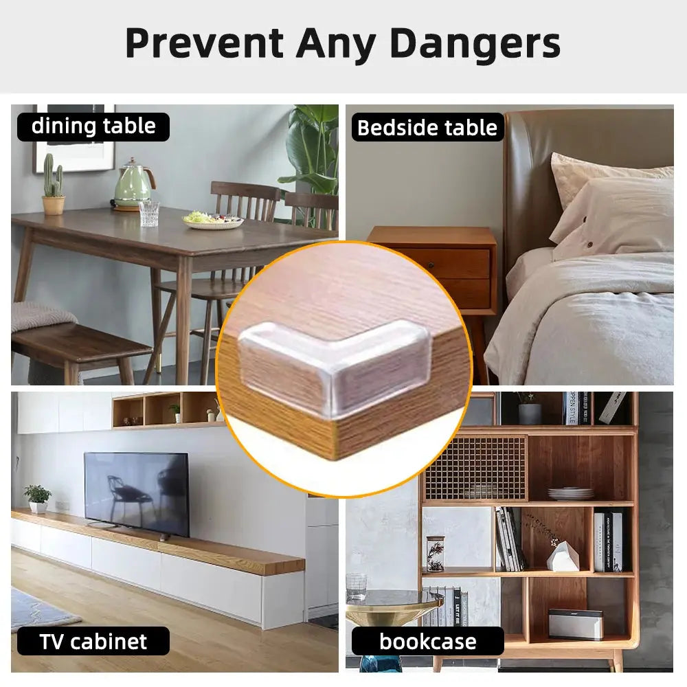 Transparent silicone baby safety corner guards on a wooden table to prevent child injury.

