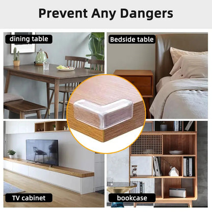 Transparent silicone baby safety corner guards on a wooden table to prevent child injury.

