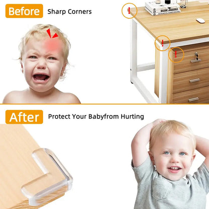 Transparent silicone baby safety corner guards on a wooden table to prevent child injury.

