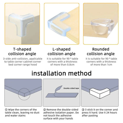 Transparent silicone baby safety corner guards on a wooden table to prevent child injury.

