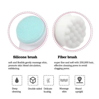 Silicone and fiber facial cleaning brushes, showcasing double-sided functionality for effective skin cleansing and massage.