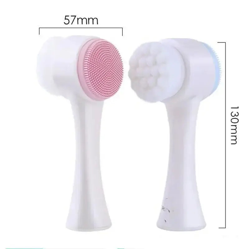 Brosse nettoyante pour le visage en silicone 3D, double face, dimensions 57mm x 130mm, design ergonomique.