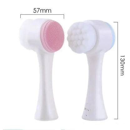 Brosse nettoyante pour le visage en silicone 3D, double face, dimensions 57mm x 130mm, design ergonomique.
