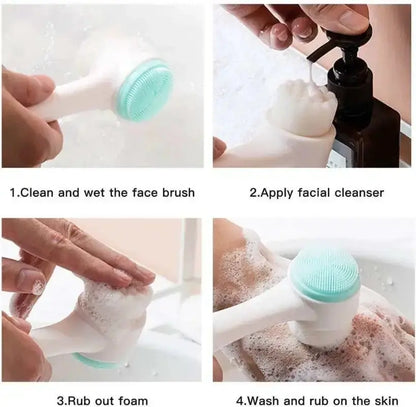 Éléments de nettoyage avec une brosse faciale en silicone pour une routine de soins de la peau efficace.
