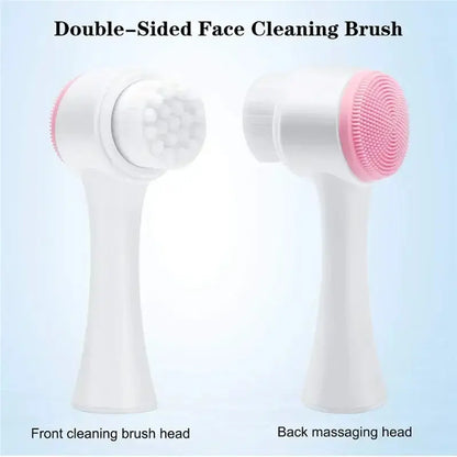 Double-sided silicone face cleaning brush with front cleansing and back massaging heads for effective skincare.