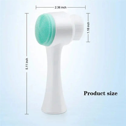 Brosse nettoyante pour le visage en silicone 3D avec dimensions, couleur verte et blanche sur fond bleu.