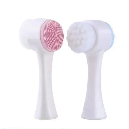 Brosse nettoyante pour le visage en silicone double 3D avec faces rose et bleue pour un nettoyage efficace.