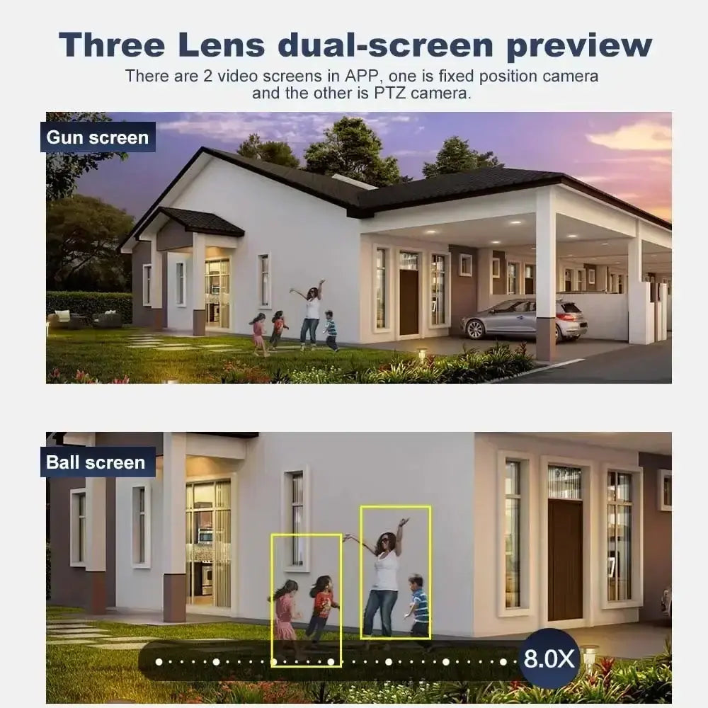 Caméra de sécurité 6K 12MP Zoom 8X Trois objectifs Double écran Bantout.prod