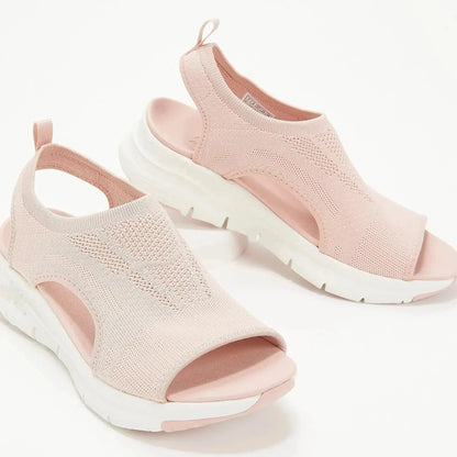 Rose summer sandals for women, open toe with back strap and knit upper, perfect for casual outings in 2024.