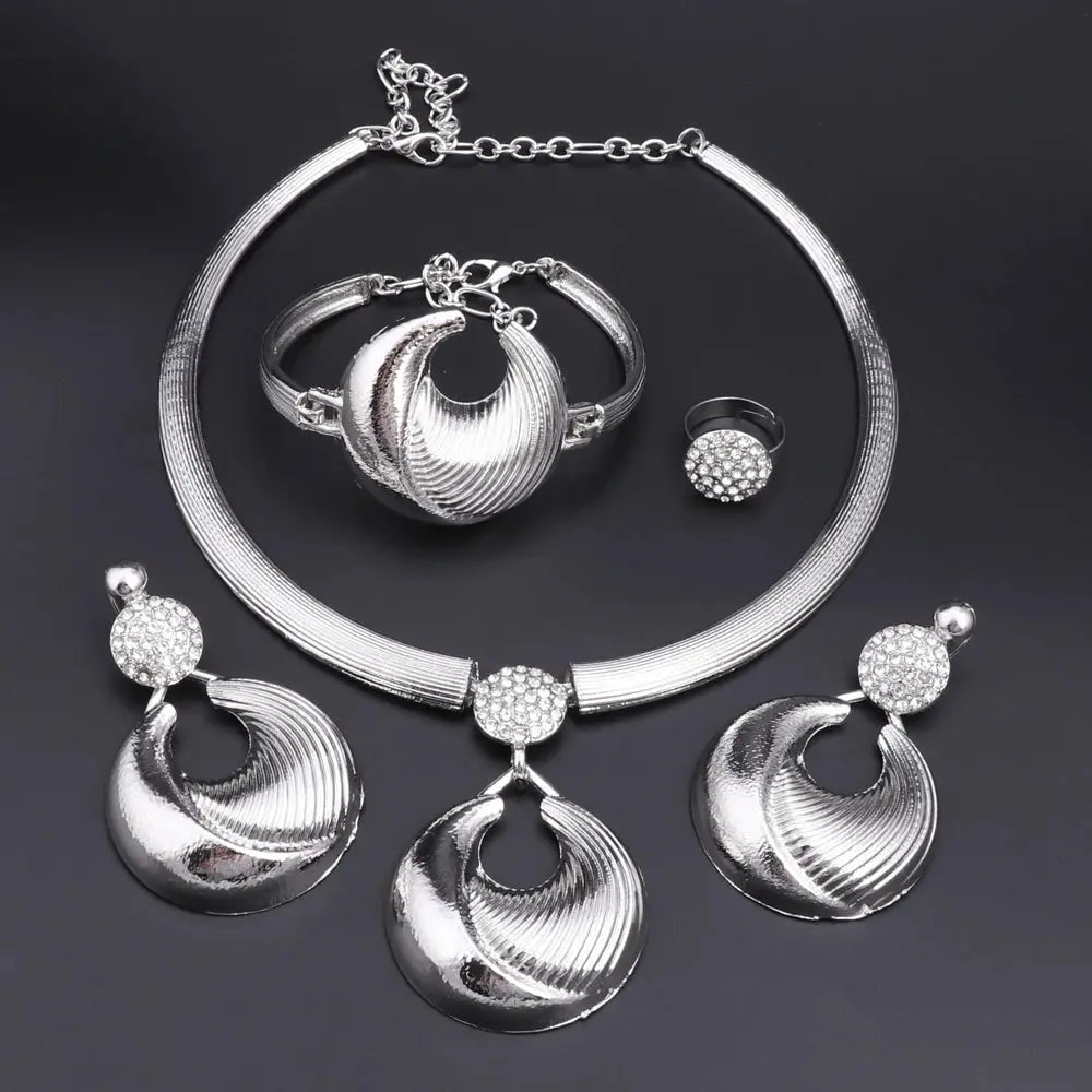 Dubai Jewelry Set For Women Silver Plated Luxury Necklace Earrings Bracelet And Ring Set Jewelry For Wedding Party Trending ﻿ Bantout.prod