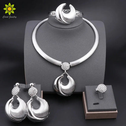 Dubai Jewelry Set For Women Silver Plated Luxury Necklace Earrings Bracelet And Ring Set Jewelry For Wedding Party Trending ﻿ Bantout.prod