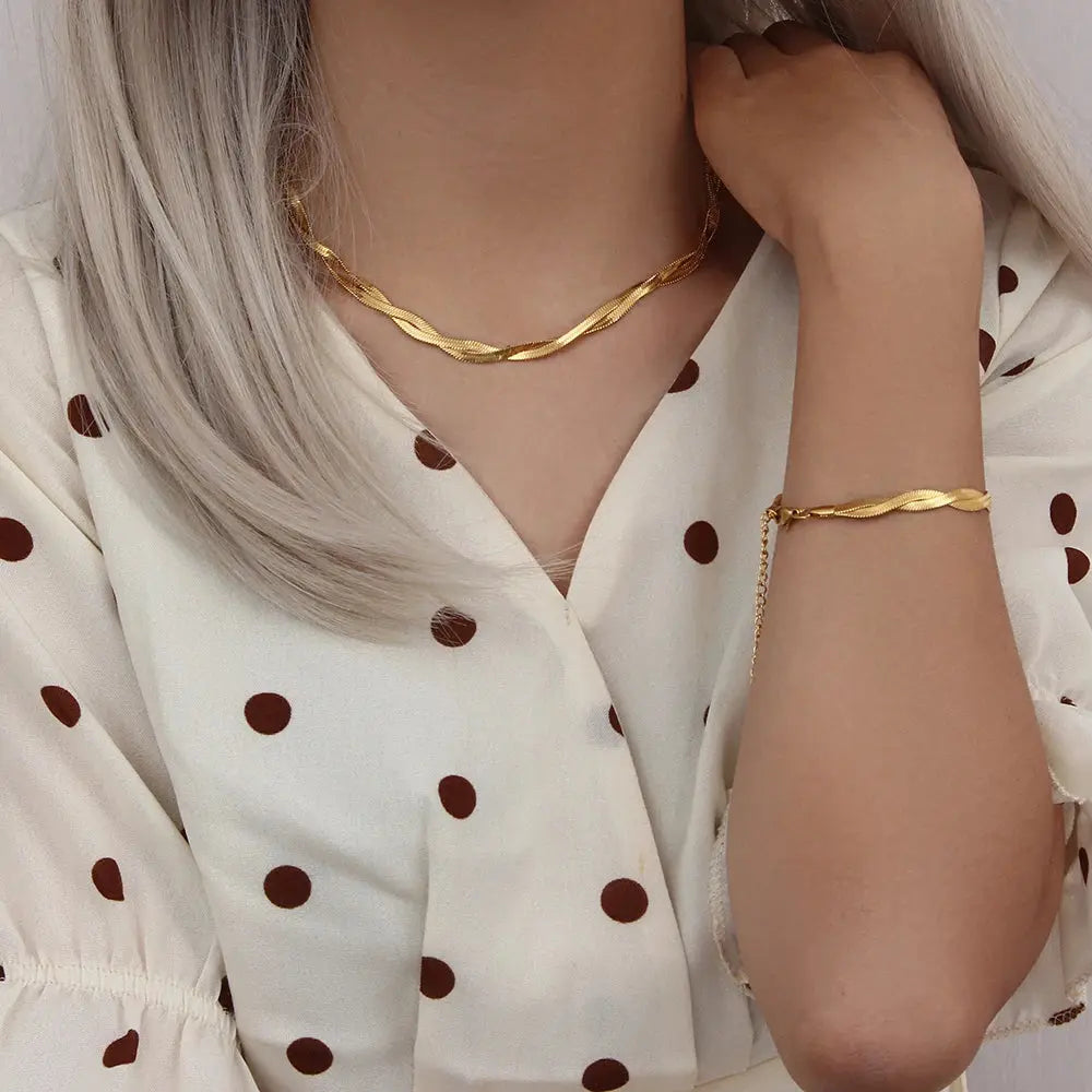 E.B.belle Gold Plated Braided New Herringbone Chain Necklace Bracelets Set Wholesale Stainless Steel Jewelry For Women Bantout.prod