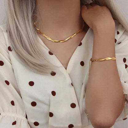E.B.belle Gold Plated Braided New Herringbone Chain Necklace Bracelets Set Wholesale Stainless Steel Jewelry For Women Bantout.prod