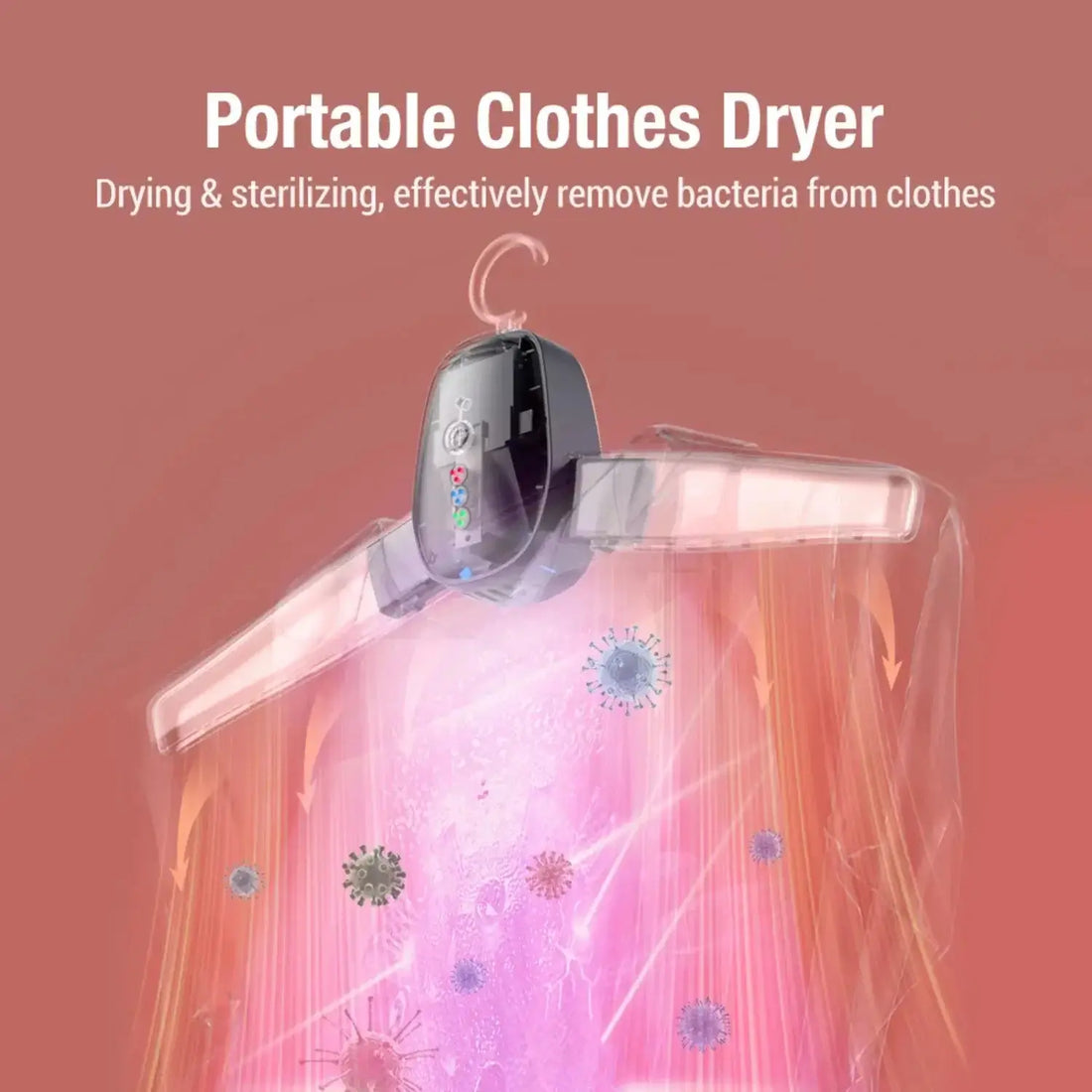 Portable clothes dryer for effective drying and sterilizing, removing bacteria from garments.