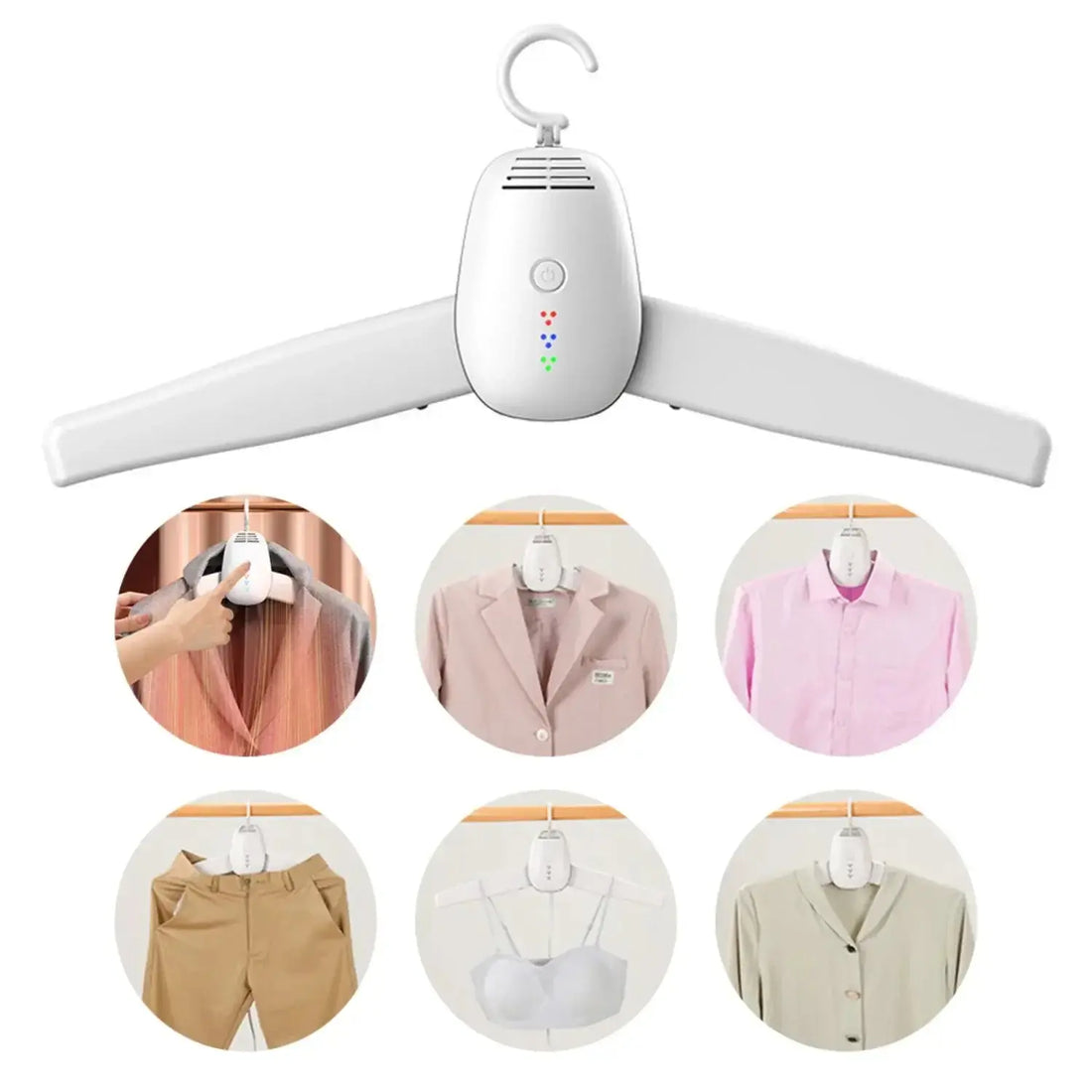 Efficient smart portable clothes dryer with adjustable temperature, featuring digital timer control and various clothing items.