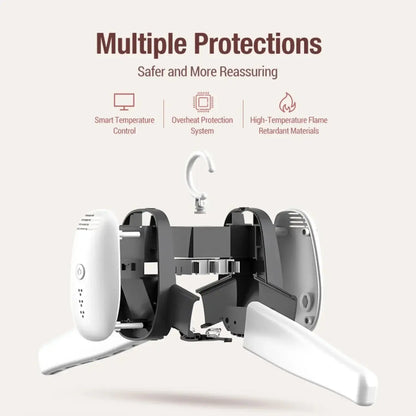 Smart portable clothes dryer showcasing multiple safety features like temperature control and flame retardant materials.