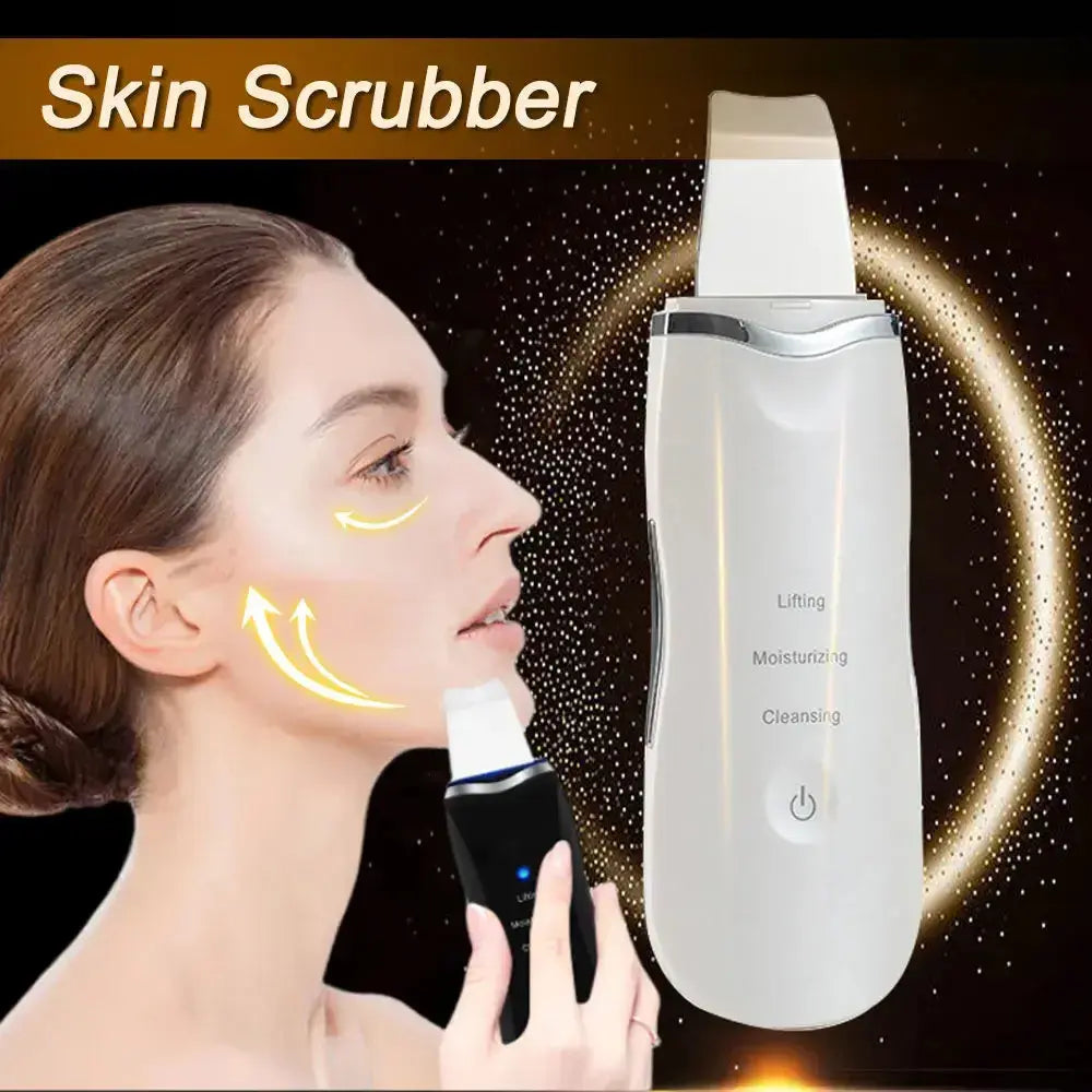 Electric skin scrubber for facial cleansing, anti-aging, and moisturizing.