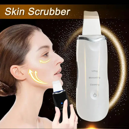 Electric skin scrubber for facial cleansing, anti-aging, and moisturizing.