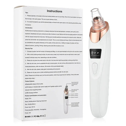 Extracteur de points noirs DearBeauty avec instructions, aspirateur rechargeable pour nettoyage du visage et anti-acné.