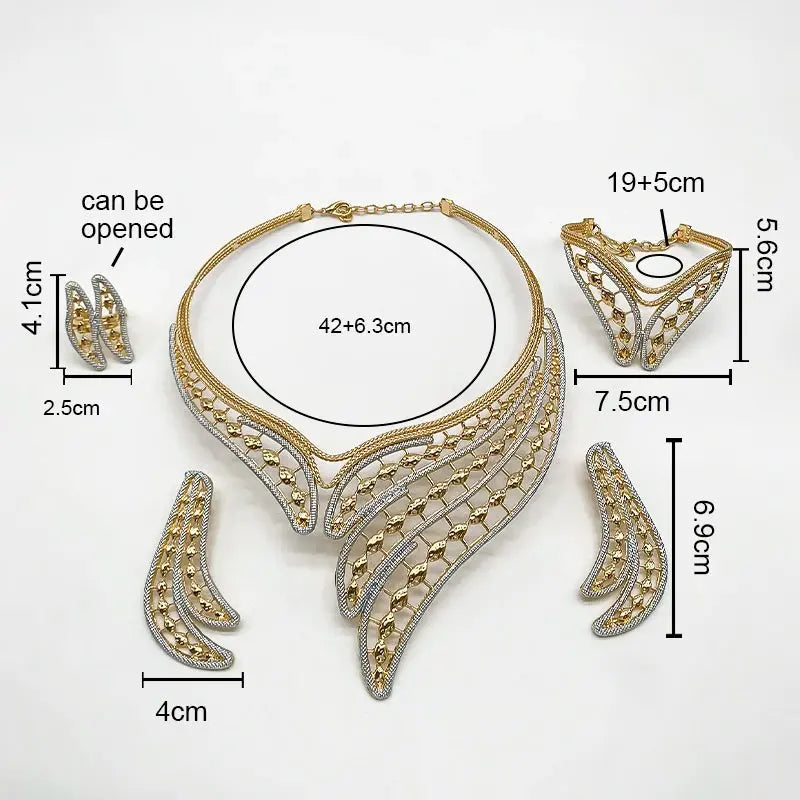 Geometric Two Tones Collar 4Pcs Jewelry Set for Women Chunky Necklace Drop Earrings Bracelet Ring Bridal Wedding Party Gifts Bantout.prod