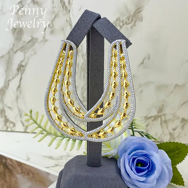 Geometric Two Tones Collar 4Pcs Jewelry Set for Women Chunky Necklace Drop Earrings Bracelet Ring Bridal Wedding Party Gifts Bantout.prod