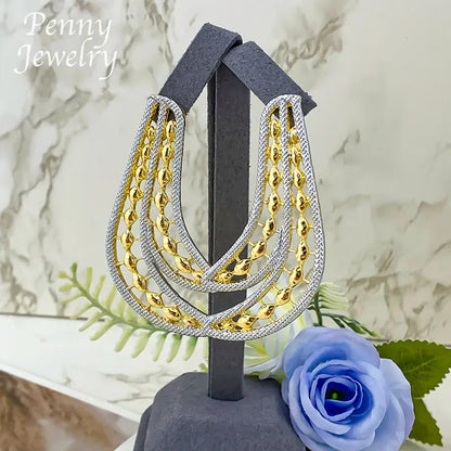 Geometric Two Tones Collar 4Pcs Jewelry Set for Women Chunky Necklace Drop Earrings Bracelet Ring Bridal Wedding Party Gifts Bantout.prod
