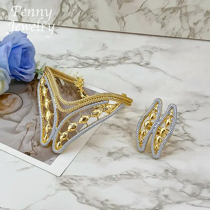 Geometric Two Tones Collar 4Pcs Jewelry Set for Women Chunky Necklace Drop Earrings Bracelet Ring Bridal Wedding Party Gifts Bantout.prod