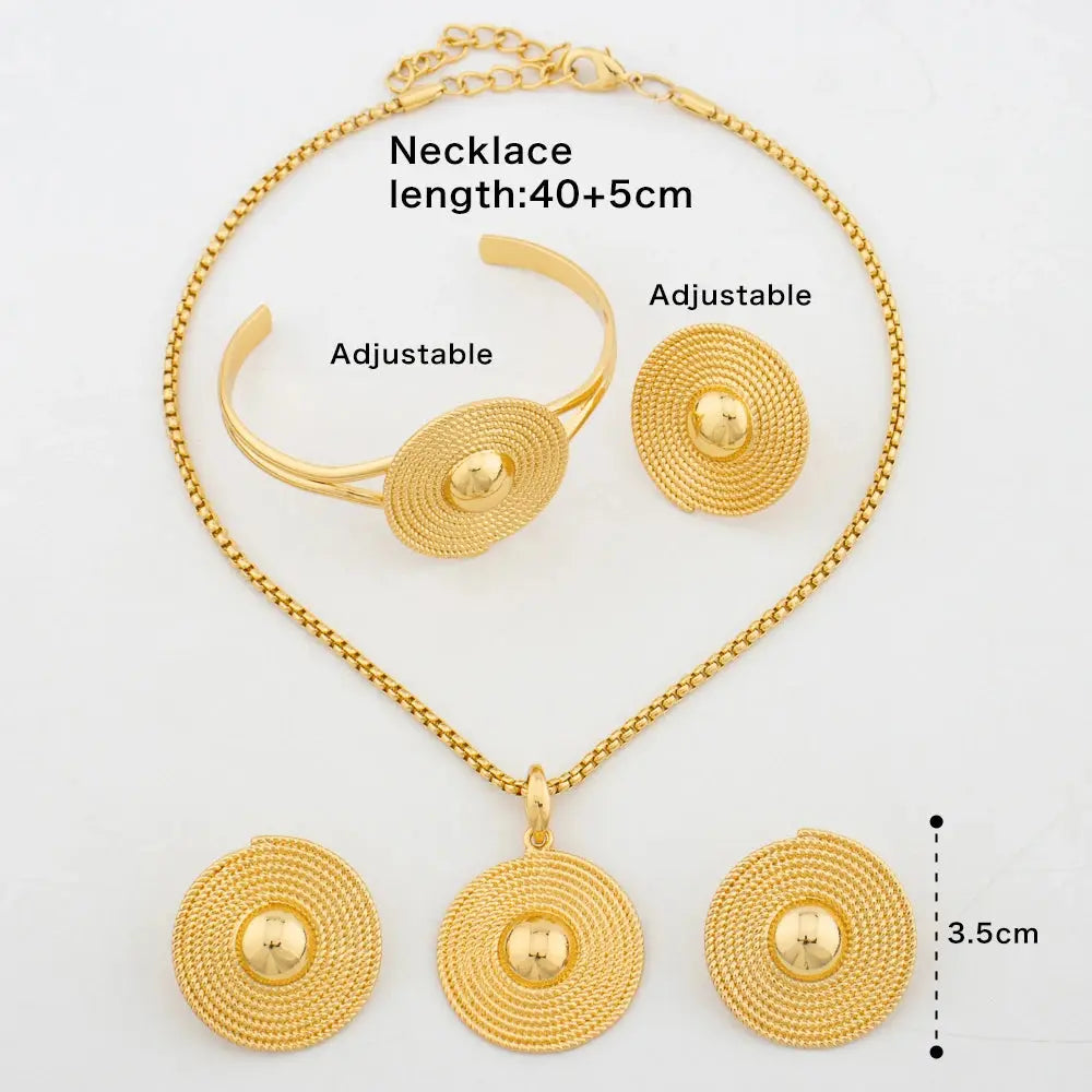Gold-tone African-style jewelry set with necklace, earrings, bangle, and ring for weddings or parties.