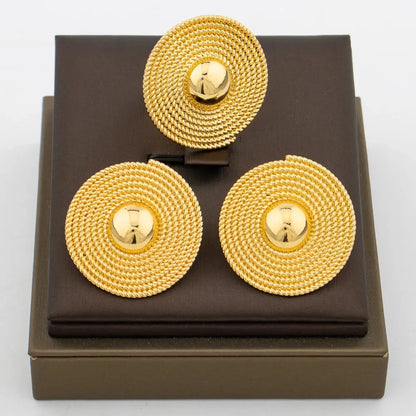 Gold-tone African-style jewelry set with necklace, earrings, bangle, and ring for weddings or parties.