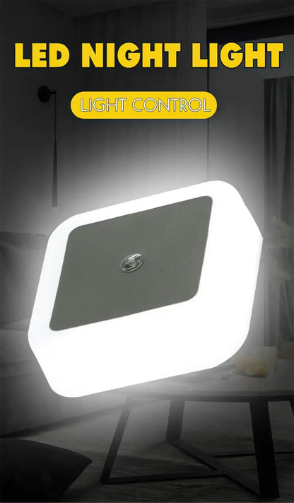 LED night light with light control, ideal for bedrooms and hallways, featuring a sleek design and soft illumination.