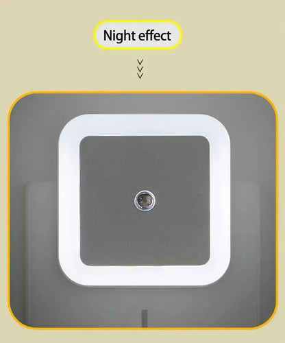 LED night light in soft glow, showcasing square design with motion sensor, ideal for hallways and bedrooms.